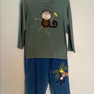 Monkey 3 D appliqué Matching Set - Denim Green and Blue